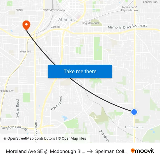 Moreland Ave SE @ Mcdonough Blvd SE to Spelman College map