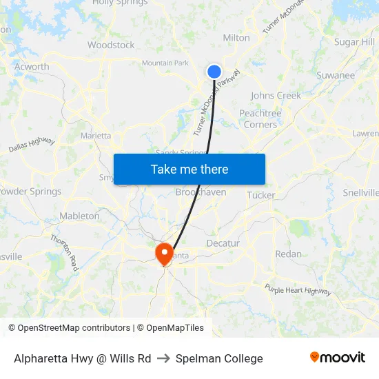 Alpharetta Hwy @ Wills Rd to Spelman College map