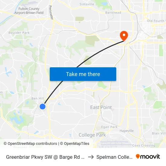 Greenbriar Pkwy SW @ Barge Rd SW to Spelman College map