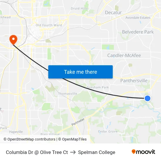 Columbia Dr @ Olive Tree Ct to Spelman College map