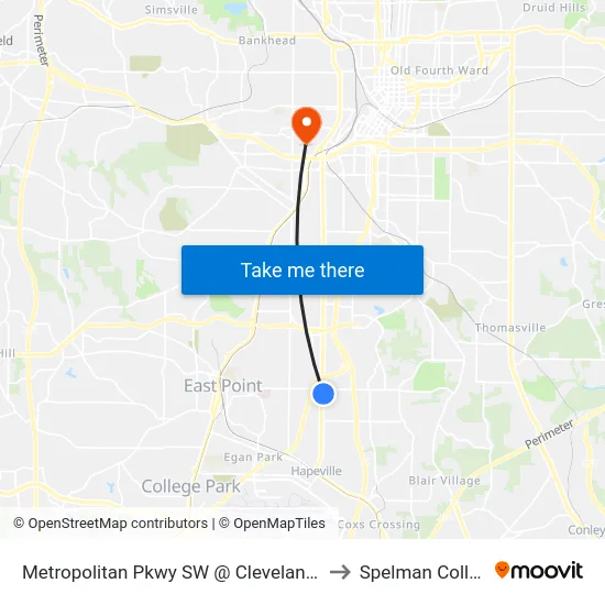 Metropolitan Pkwy SW @ Cleveland Ave to Spelman College map