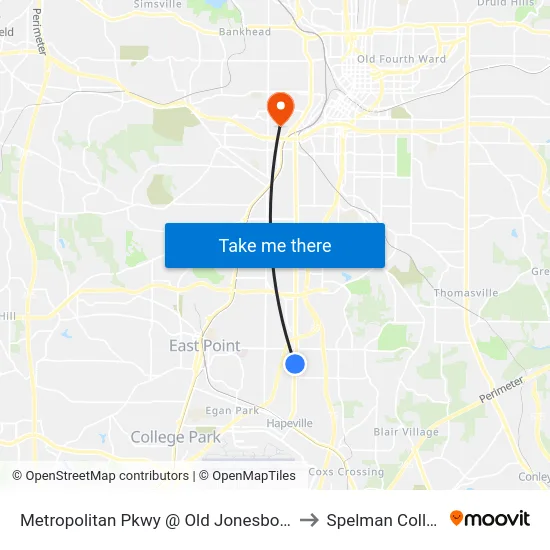 Metropolitan Pkwy @ Old Jonesboro Rd to Spelman College map
