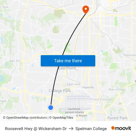 Roosevelt Hwy @ Wickersham Dr to Spelman College map