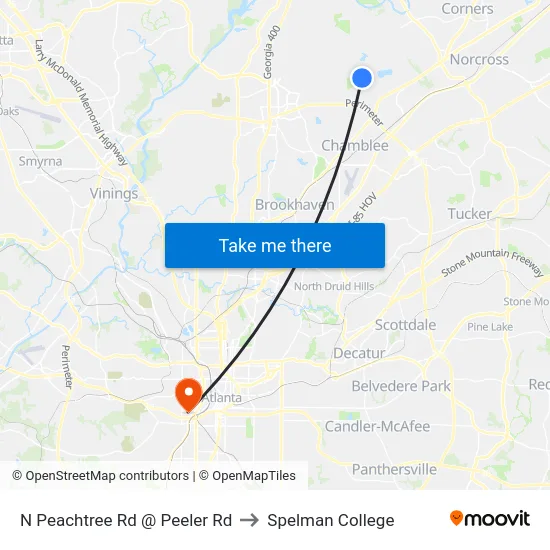 N Peachtree Rd @ Peeler Rd to Spelman College map