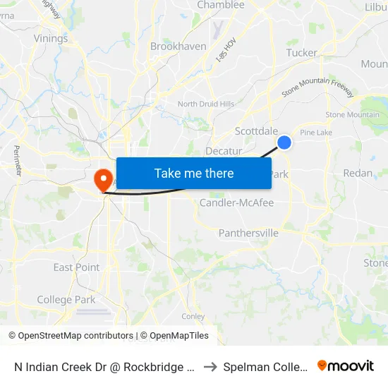 N Indian Creek Dr @ Rockbridge Rd to Spelman College map