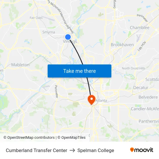 Cumberland Transfer Center to Spelman College map