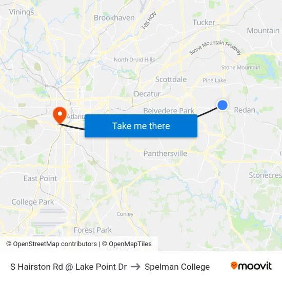 S Hairston Rd @ Lake Point Dr to Spelman College map