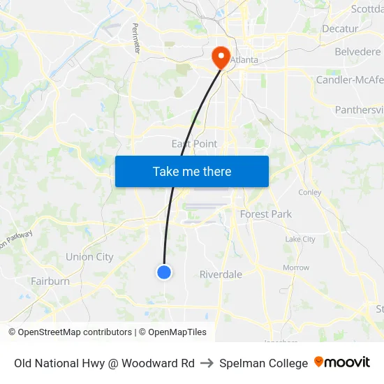 Old National Hwy @ Woodward Rd to Spelman College map
