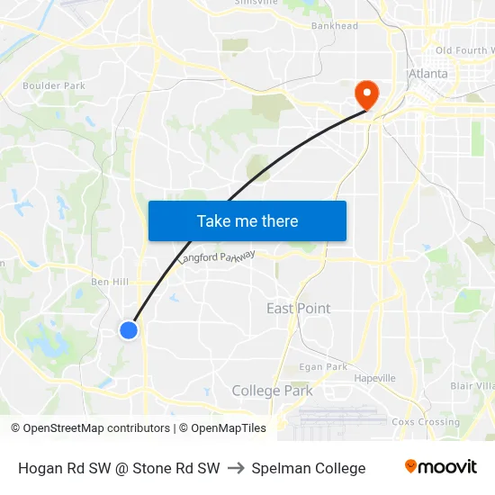 Hogan Rd SW @ Stone Rd SW to Spelman College map