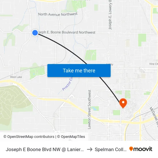 Joseph E Boone Blvd NW @ Lanier St NW to Spelman College map