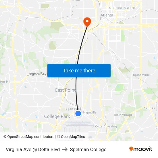 Virginia Ave @ Delta Blvd to Spelman College map