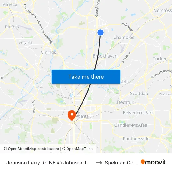 Johnson Ferry Rd NE @ Johnson Ferry Pkwy to Spelman College map