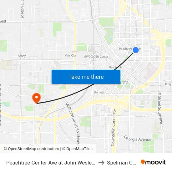 Peachtree Center Ave at John Wesley Dobbs Ave to Spelman College map