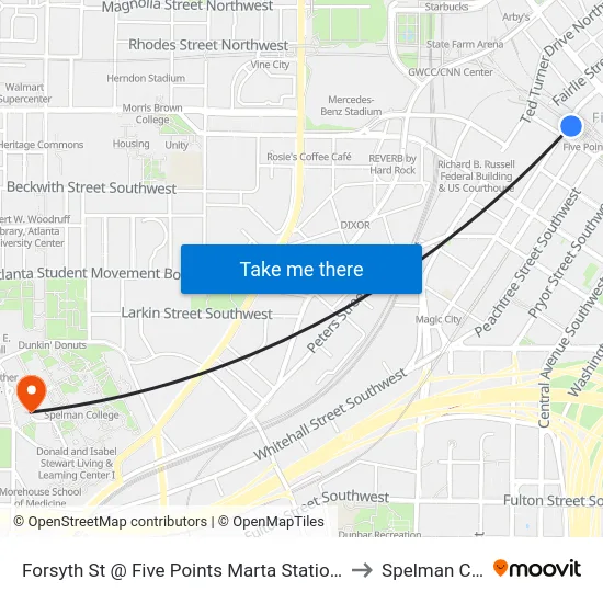 Forsyth St @ Five Points Marta Station (Northbound) to Spelman College map