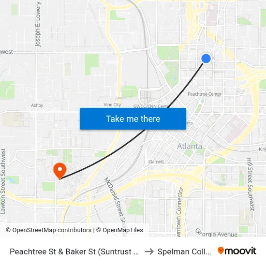 Peachtree St & Baker St (Suntrust Bldg) to Spelman College map