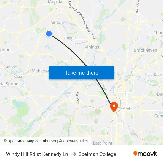 Windy Hill Rd at Kennedy Ln to Spelman College map