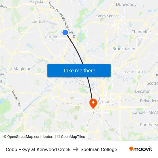 Cobb Pkwy at Kenwood Creek to Spelman College map
