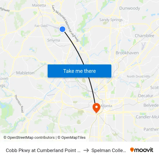 Cobb Pkwy at Cumberland Point Dr to Spelman College map