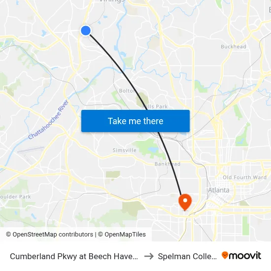 Cumberland Pkwy at Beech Haven Tr to Spelman College map