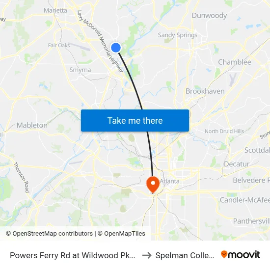 Powers Ferry Rd at Wildwood Pkwy to Spelman College map