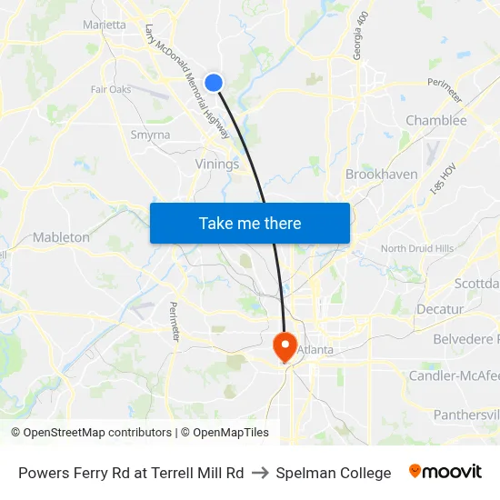 Powers Ferry Rd at Terrell Mill Rd to Spelman College map