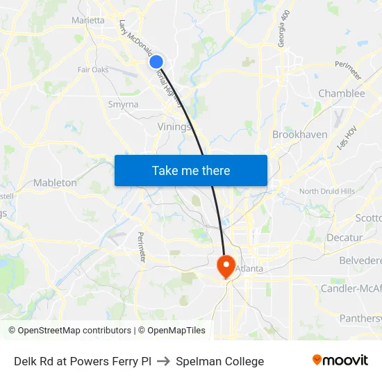 Delk Rd at Powers Ferry Pl to Spelman College map