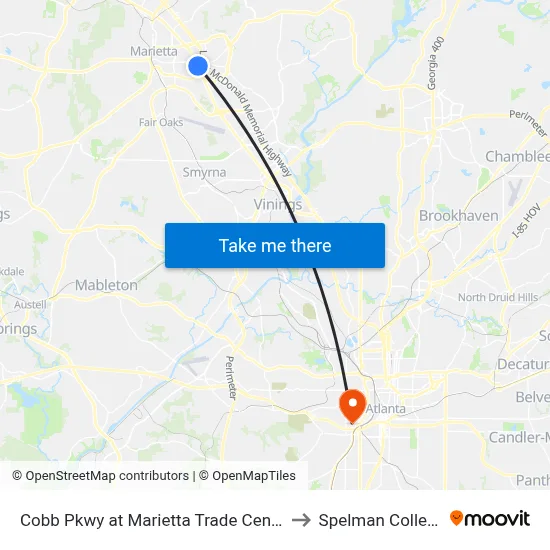 Cobb Pkwy at Marietta Trade Center to Spelman College map