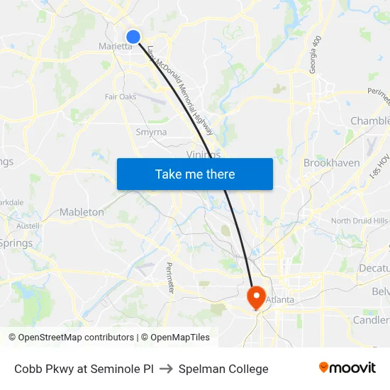 Cobb Pkwy at Seminole Pl to Spelman College map