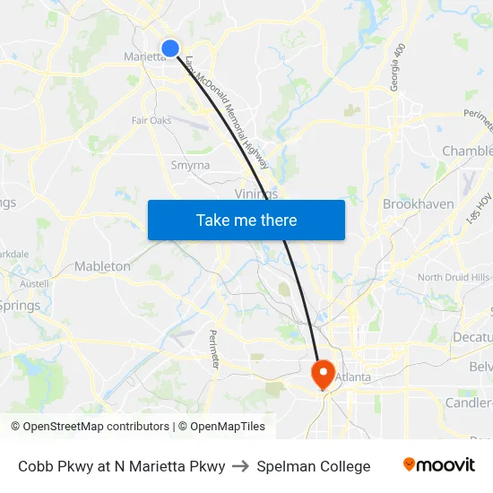 Cobb Pkwy at N Marietta Pkwy to Spelman College map