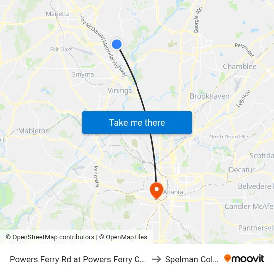 Powers Ferry Rd at Powers Ferry Common to Spelman College map
