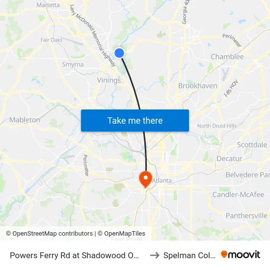 Powers Ferry Rd at Shadowood Office Park to Spelman College map