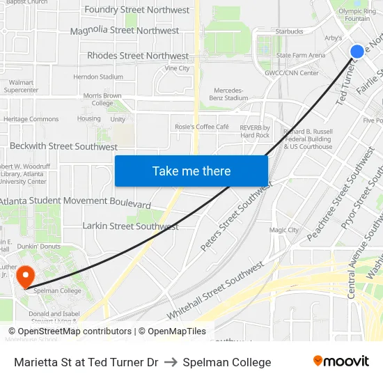 Marietta St at Ted Turner Dr to Spelman College map