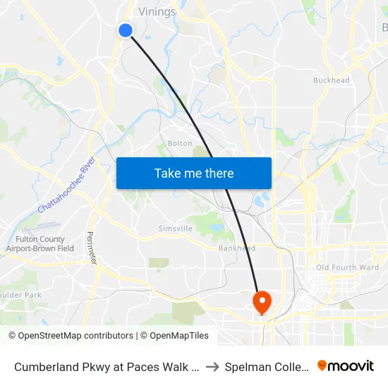 Cumberland Pkwy at Paces Walk SE to Spelman College map