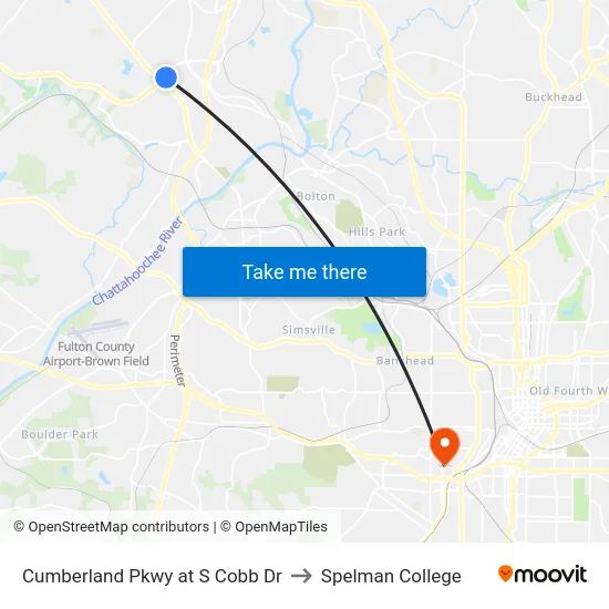 Cumberland Pkwy at S Cobb Dr to Spelman College map