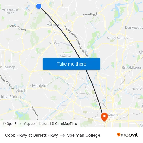 Cobb Pkwy at Barrett Pkwy to Spelman College map