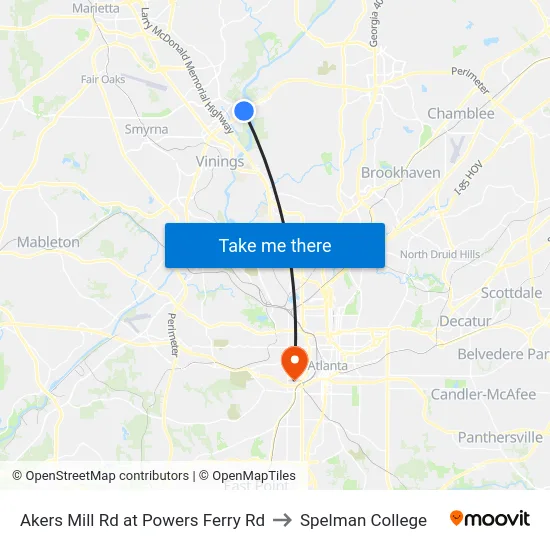 Akers Mill Rd at Powers Ferry Rd to Spelman College map