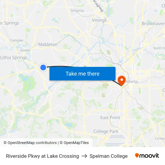 Riverside Pkwy at Lake Crossing to Spelman College map