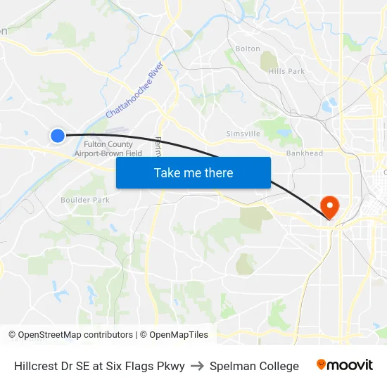 Hillcrest Dr SE at Six Flags Pkwy to Spelman College map