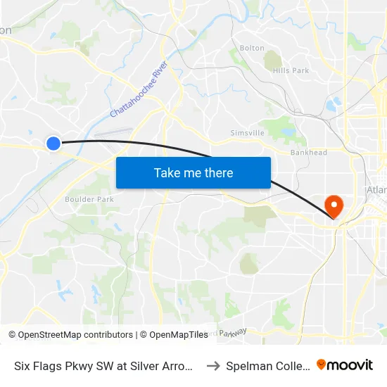 Six Flags Pkwy SW at Silver Arrow Cir to Spelman College map