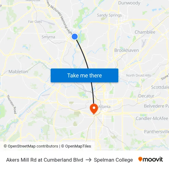 Akers Mill Rd at Cumberland Blvd to Spelman College map