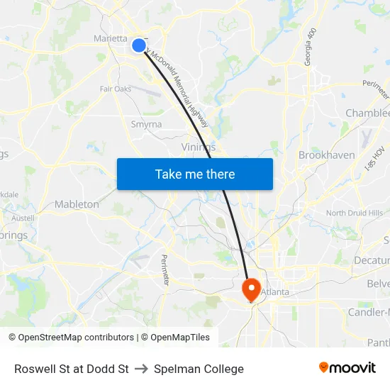 Roswell St at Dodd St to Spelman College map