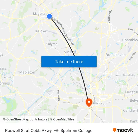 Roswell St at Cobb Pkwy to Spelman College map