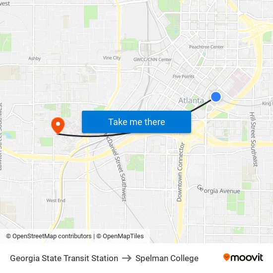 Georgia State Transit Station to Spelman College map