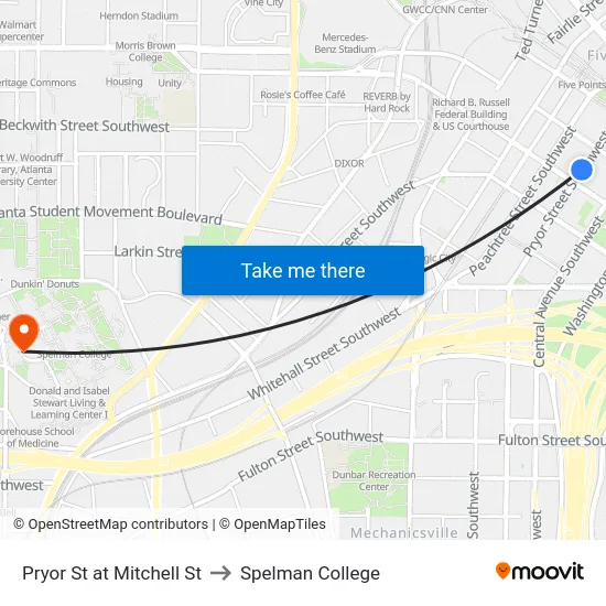 Pryor St at Mitchell St to Spelman College map