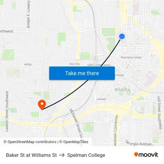 Baker St at Williams St to Spelman College map