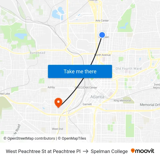 West Peachtree St at Peachtree Pl to Spelman College map