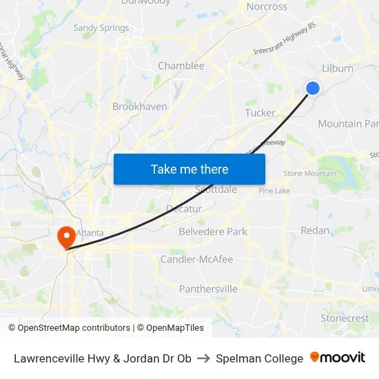 Lawrenceville Hwy & Jordan Dr Ob to Spelman College map