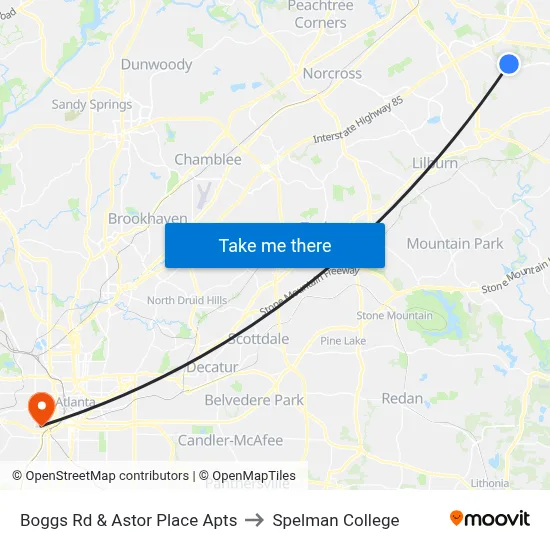 Boggs Rd & Astor Place Apts to Spelman College map
