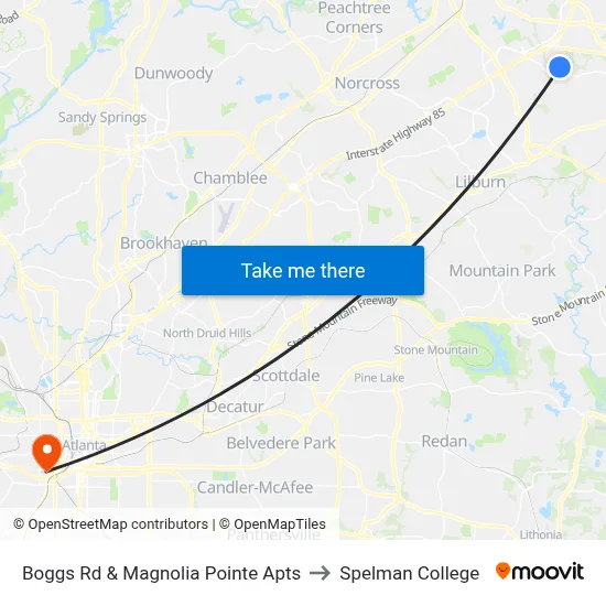 Boggs Rd & Magnolia Pointe Apts to Spelman College map