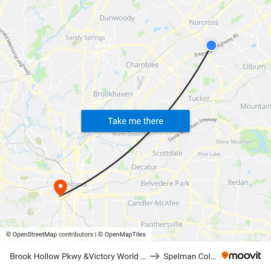 Brook Hollow Pkwy &Victory World Church to Spelman College map